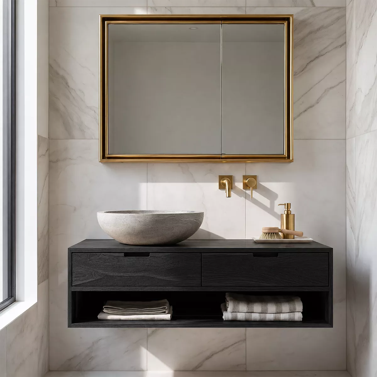 Floating Solid Wood Bathroom Vanity With Open Towel Shelf And Hidden Drawer Storage - Livewoodcraft - 3