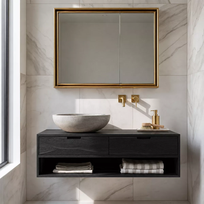 Floating Solid Wood Bathroom Vanity With Open Towel Shelf And Hidden Drawer Storage - Livewoodcraft - 3