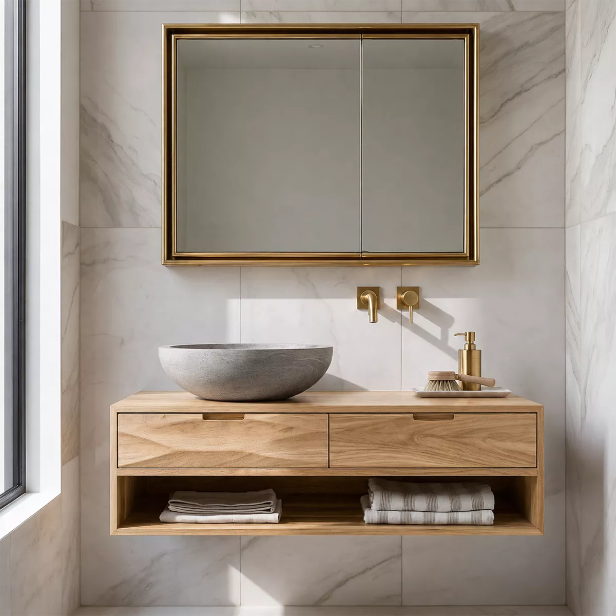 Floating Solid Wood Bathroom Vanity With Open Towel Shelf And Hidden Drawer Storage - Livewoodcraft - 4