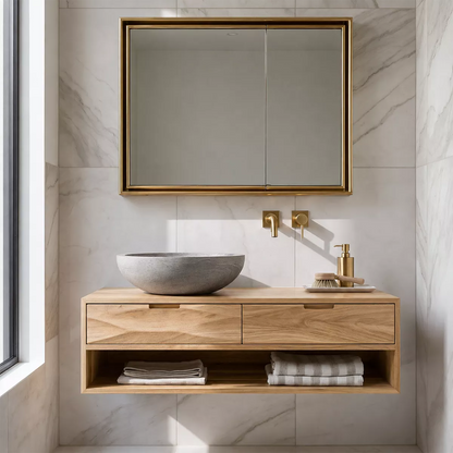 Floating Solid Wood Bathroom Vanity With Open Towel Shelf And Hidden Drawer Storage - Livewoodcraft - 4