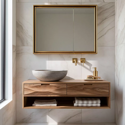 Floating Solid Wood Bathroom Vanity With Open Towel Shelf And Hidden Drawer Storage - Livewoodcraft - 5