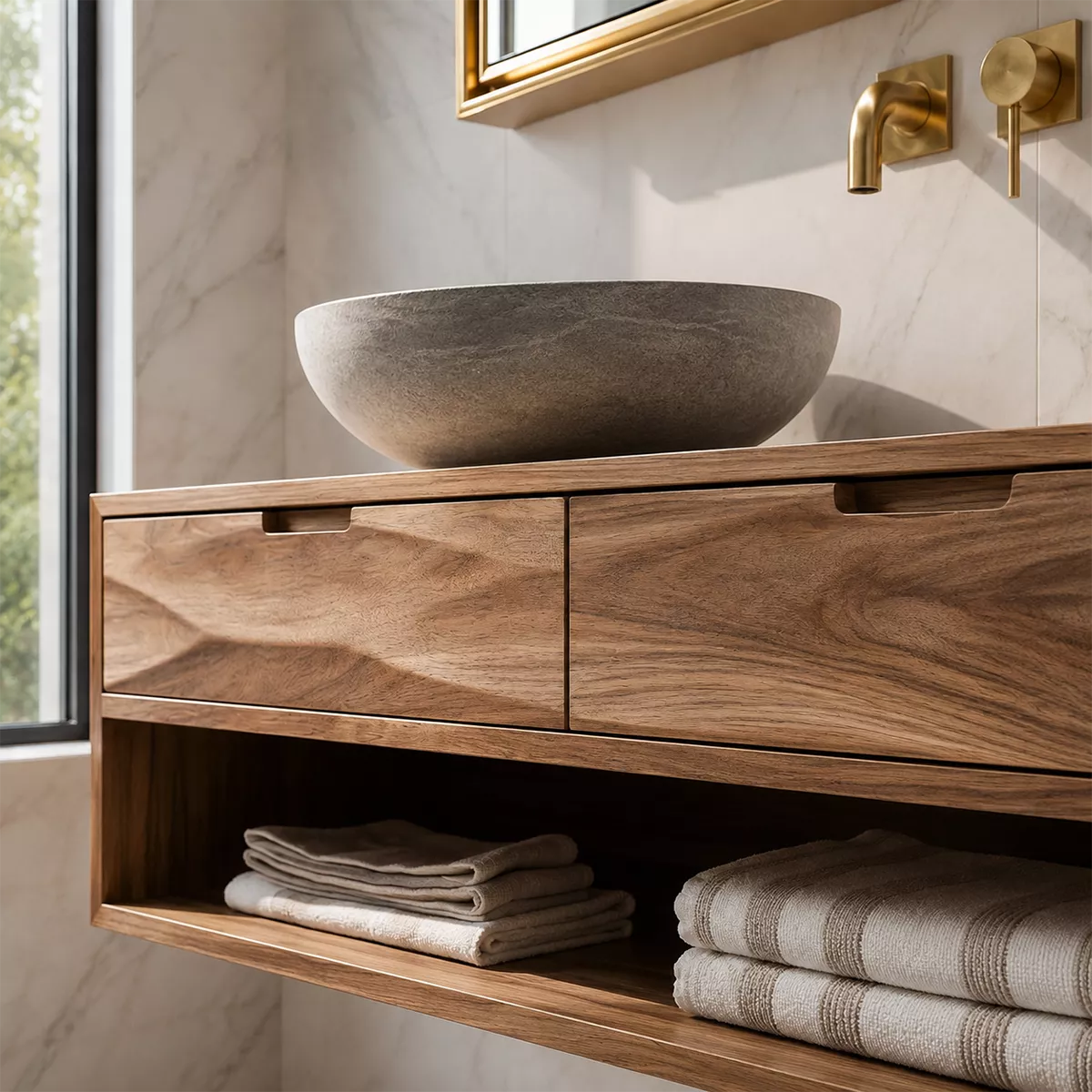 Floating Solid Wood Bathroom Vanity With Open Towel Shelf And Hidden Drawer Storage - Livewoodcraft - 6