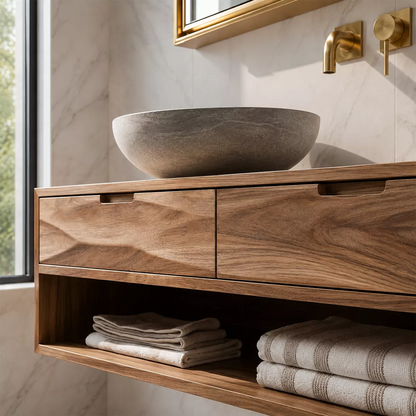 Floating Solid Wood Bathroom Vanity With Open Towel Shelf And Hidden Drawer Storage - Livewoodcraft - 6