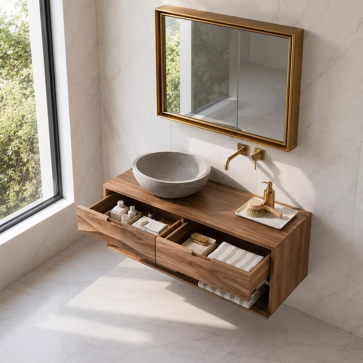 Floating Solid Wood Bathroom Vanity With Open Towel Shelf And Hidden Drawer Storage - Livewoodcraft - 7