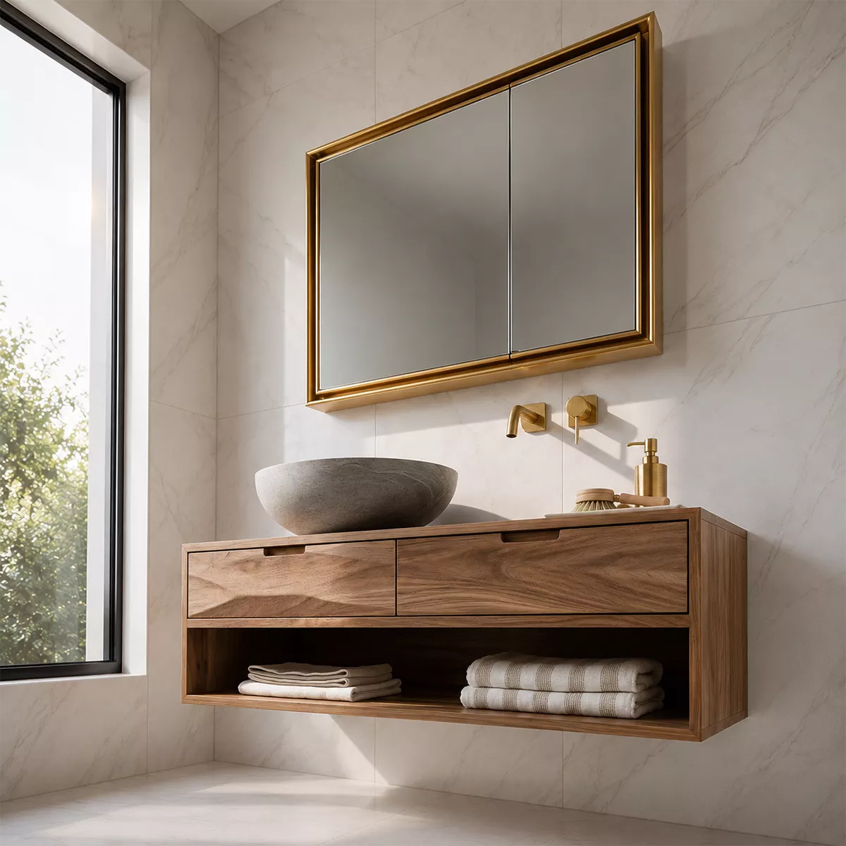 Floating Solid Wood Bathroom Vanity With Open Towel Shelf And Hidden Drawer Storage - Livewoodcraft - 8