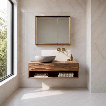 Floating Solid Wood Bathroom Vanity With Open Towel Shelf And Hidden Drawer Storage - Livewoodcraft - 9