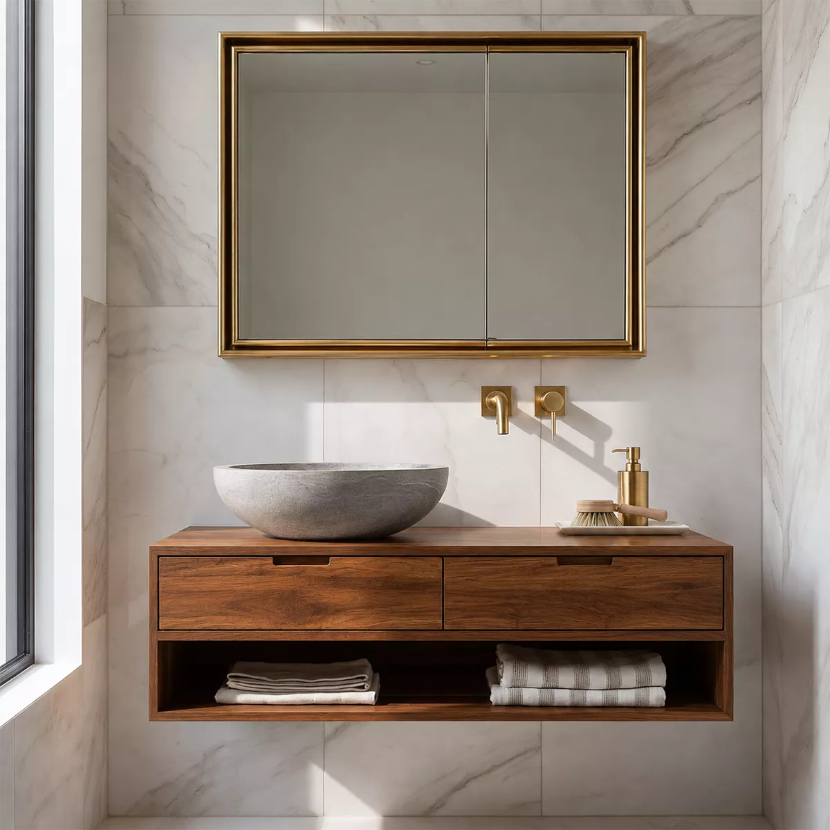 Floating Solid Wood Bathroom Vanity With Open Towel Shelf And Hidden Drawer Storage - Livewoodcraft