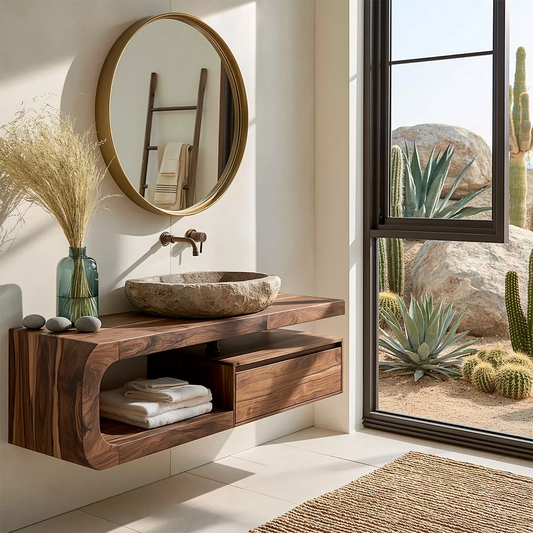 Floating Solid Wood Bathroom Vanity With Rounded Open Shelf And Floating Drawer Storage - Echotimber