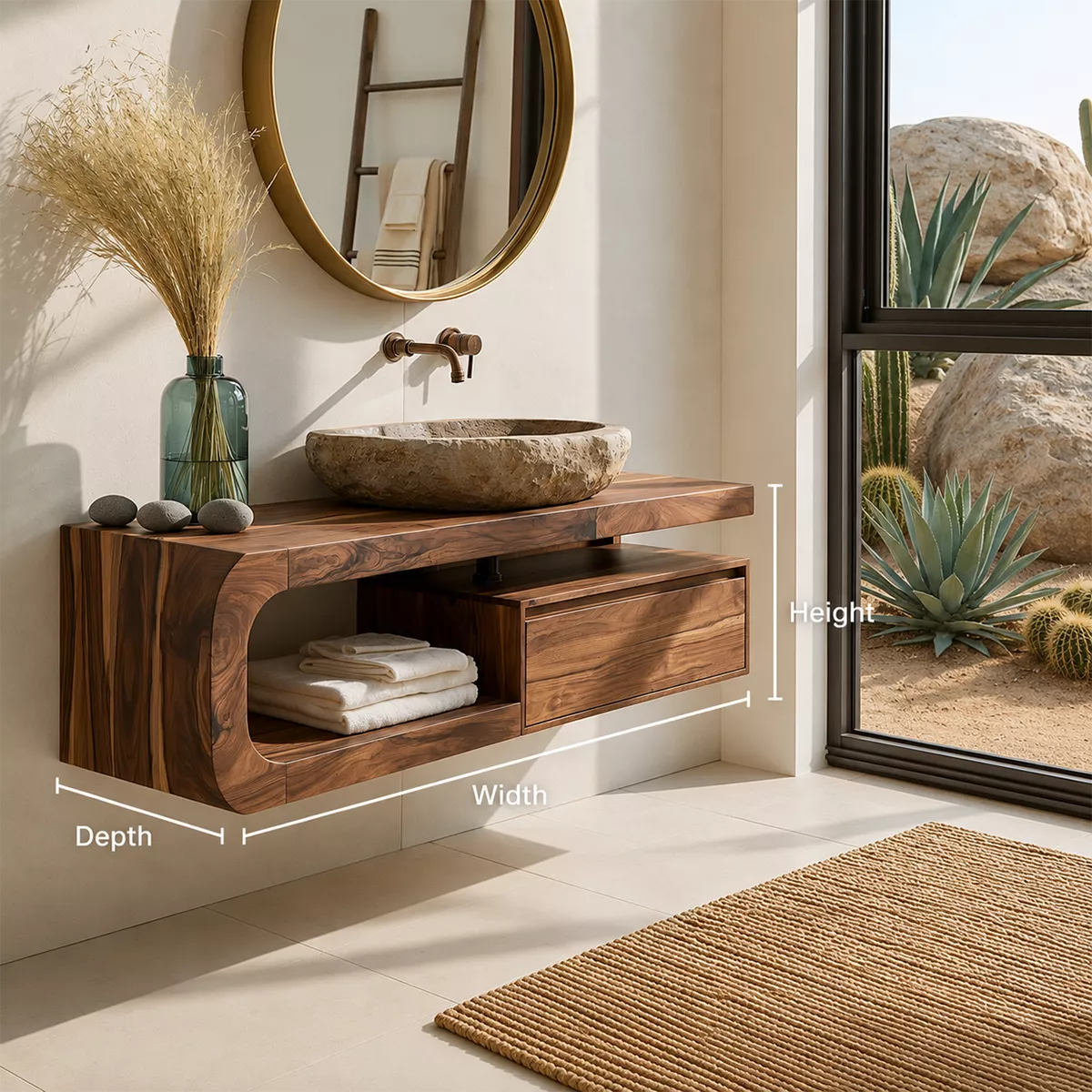 Floating Solid Wood Bathroom Vanity With Rounded Open Shelf And Floating Drawer Storage - Livewoodcraft - 10