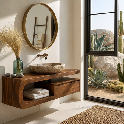 Floating Solid Wood Bathroom Vanity With Rounded Open Shelf And Floating Drawer Storage - Livewoodcraft - 2