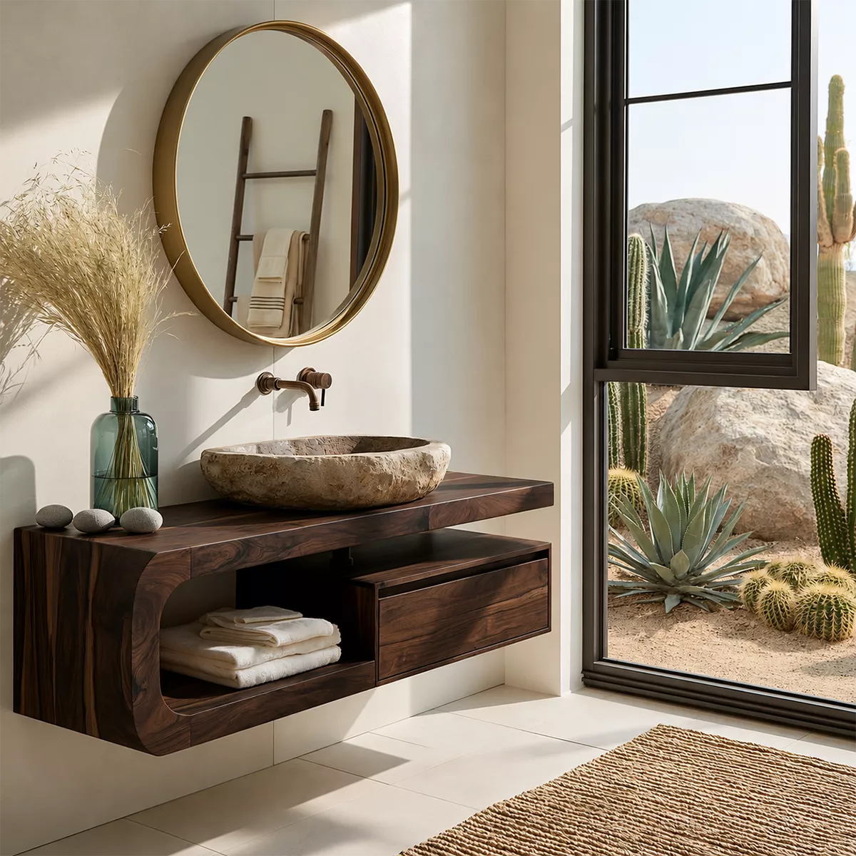 Floating Solid Wood Bathroom Vanity With Rounded Open Shelf And Floating Drawer Storage - Livewoodcraft - 3