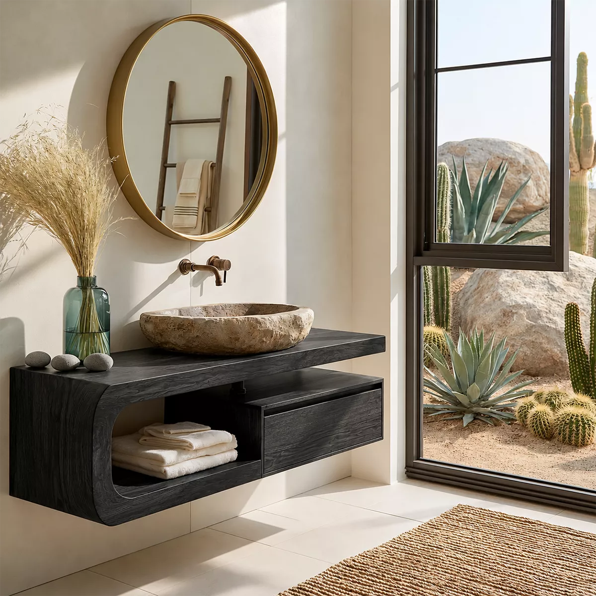 Floating Solid Wood Bathroom Vanity With Rounded Open Shelf And Floating Drawer Storage - Livewoodcraft - 4