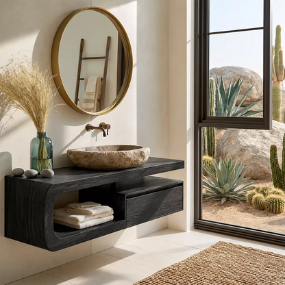 Floating Solid Wood Bathroom Vanity With Rounded Open Shelf And Floating Drawer Storage - Livewoodcraft - 4