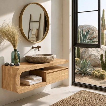 Floating Solid Wood Bathroom Vanity With Rounded Open Shelf And Floating Drawer Storage - Livewoodcraft - 5