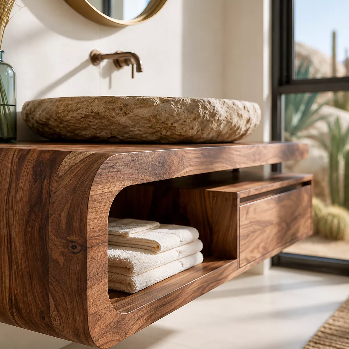 Floating Solid Wood Bathroom Vanity With Rounded Open Shelf And Floating Drawer Storage - Livewoodcraft - 6