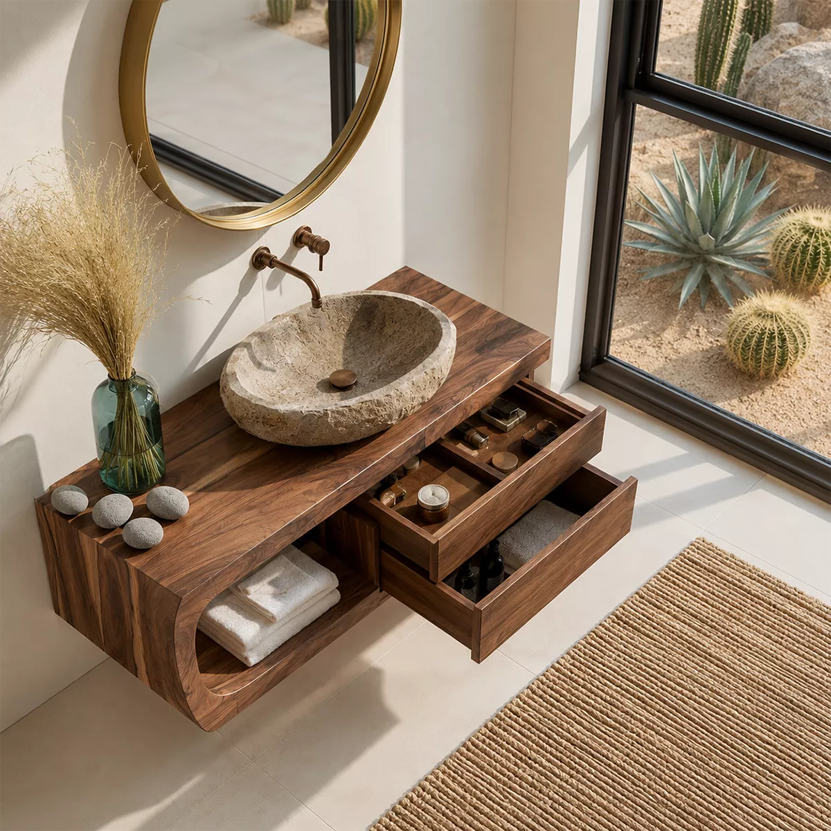 Floating Solid Wood Bathroom Vanity With Rounded Open Shelf And Floating Drawer Storage - Livewoodcraft - 7