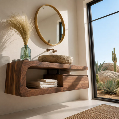 Floating Solid Wood Bathroom Vanity With Rounded Open Shelf And Floating Drawer Storage - Livewoodcraft - 8