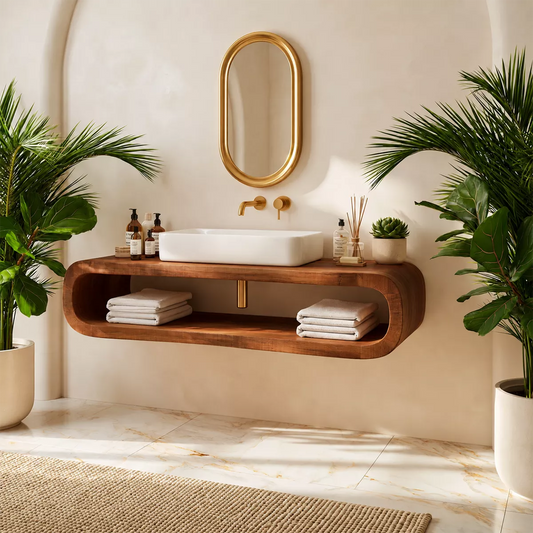 Floating Solid Wood Bathroom Vanity With Rounded Open Shelf And Natural Wood Grain - Echotimber - 8048