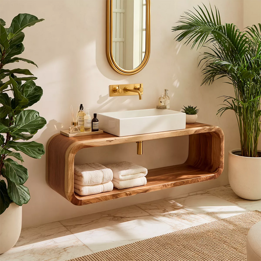 Floating Solid Wood Bathroom Vanity With Rounded Open Shelf And Natural Wood Grain - Echotimber