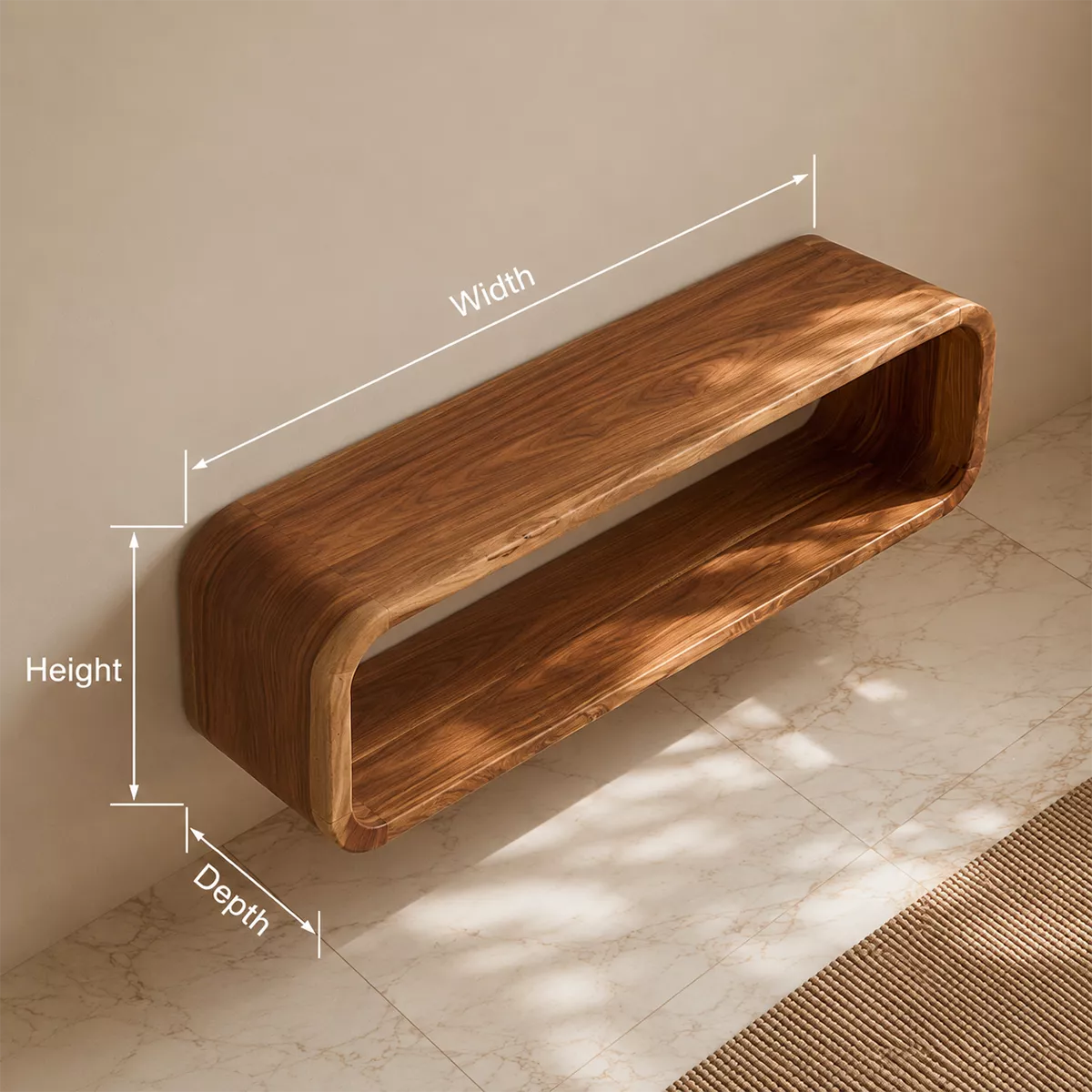 Floating Solid Wood Bathroom Vanity With Rounded Open Shelf And Natural Wood Grain - Livewoodcraft - 10