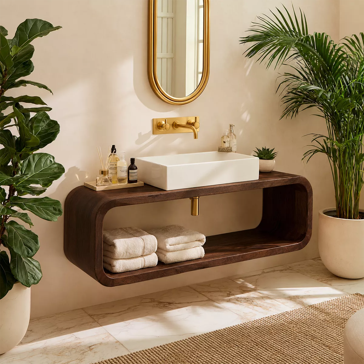 Floating Solid Wood Bathroom Vanity With Rounded Open Shelf And Natural Wood Grain - Livewoodcraft - 2