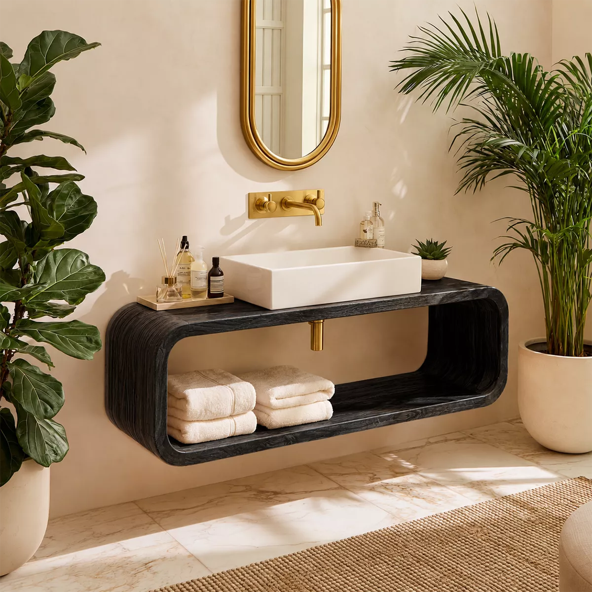 Floating Solid Wood Bathroom Vanity With Rounded Open Shelf And Natural Wood Grain - Livewoodcraft - 3