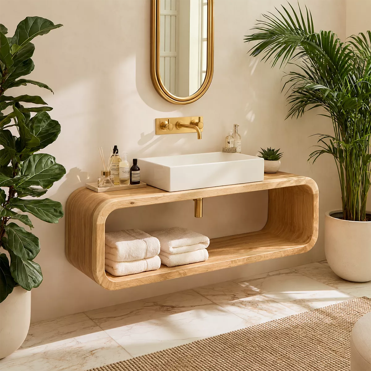 Floating Solid Wood Bathroom Vanity With Rounded Open Shelf And Natural Wood Grain - Livewoodcraft - 4