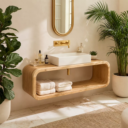 Floating Solid Wood Bathroom Vanity With Rounded Open Shelf And Natural Wood Grain - Livewoodcraft - 4