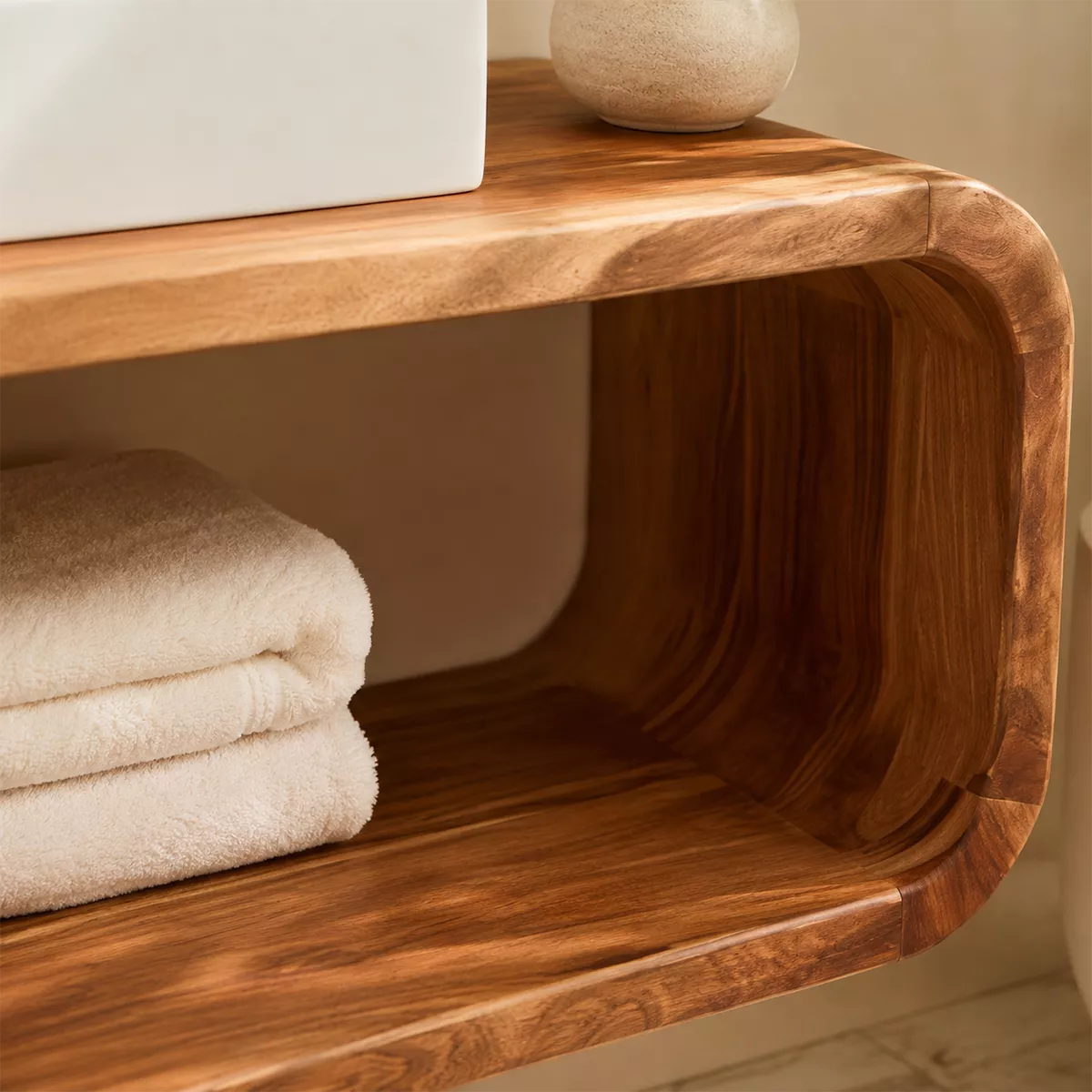 Floating Solid Wood Bathroom Vanity With Rounded Open Shelf And Natural Wood Grain - Livewoodcraft - 5