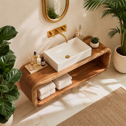 Floating Solid Wood Bathroom Vanity With Rounded Open Shelf And Natural Wood Grain - Livewoodcraft - 6