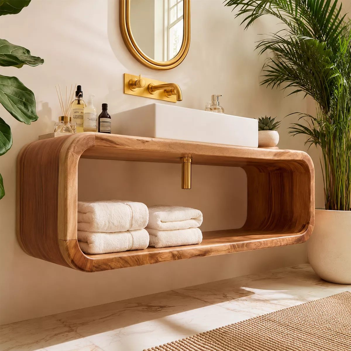 Floating Solid Wood Bathroom Vanity With Rounded Open Shelf And Natural Wood Grain - Livewoodcraft - 7