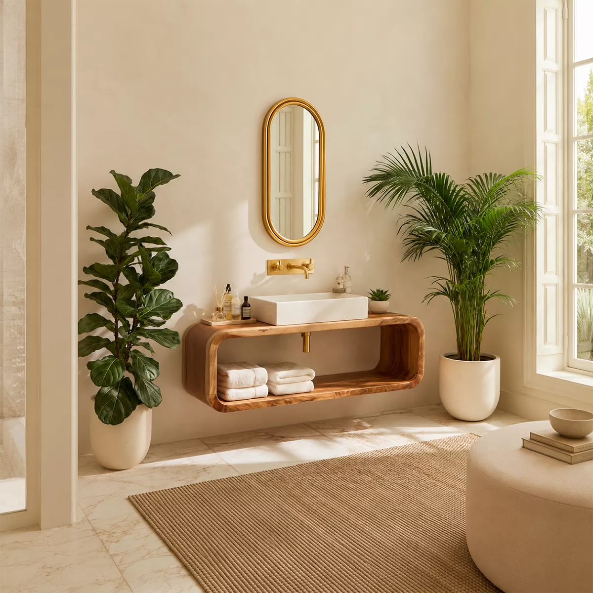 Floating Solid Wood Bathroom Vanity With Rounded Open Shelf And Natural Wood Grain - Livewoodcraft - 8