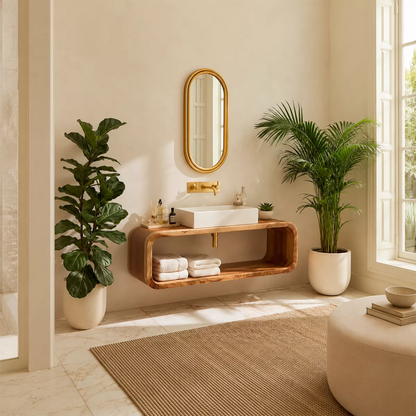 Floating Solid Wood Bathroom Vanity With Rounded Open Shelf And Natural Wood Grain - Livewoodcraft - 8