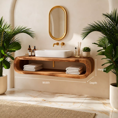 Floating Solid Wood Bathroom Vanity With Rounded Open Shelf And Natural Wood Grain - Livewoodcraft - 8048 - 10