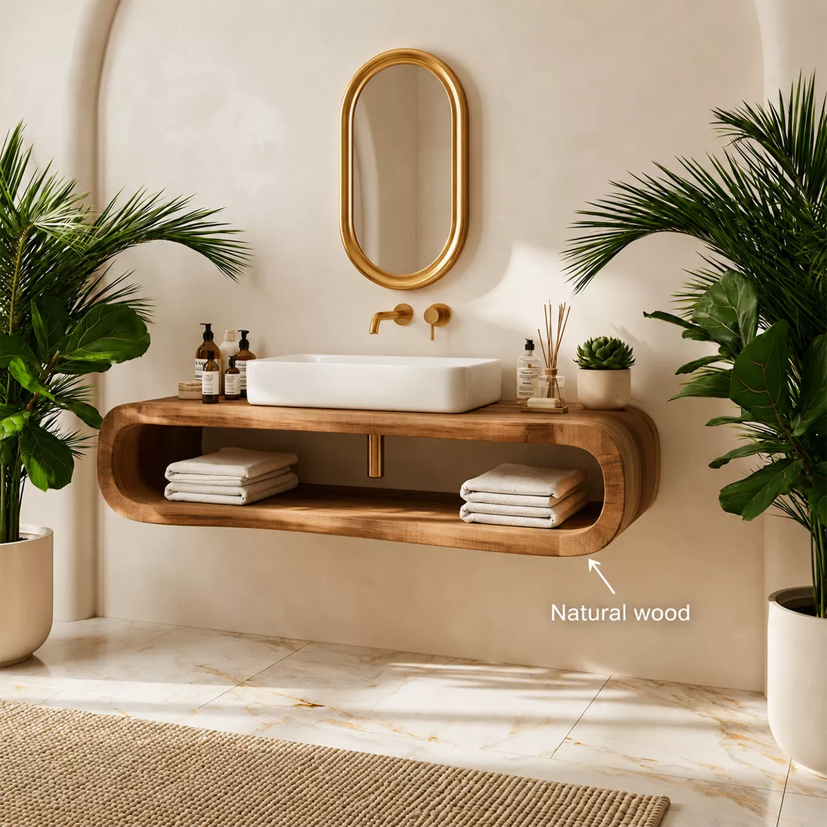 Floating Solid Wood Bathroom Vanity With Rounded Open Shelf And Natural Wood Grain - Livewoodcraft - 8048 - 11