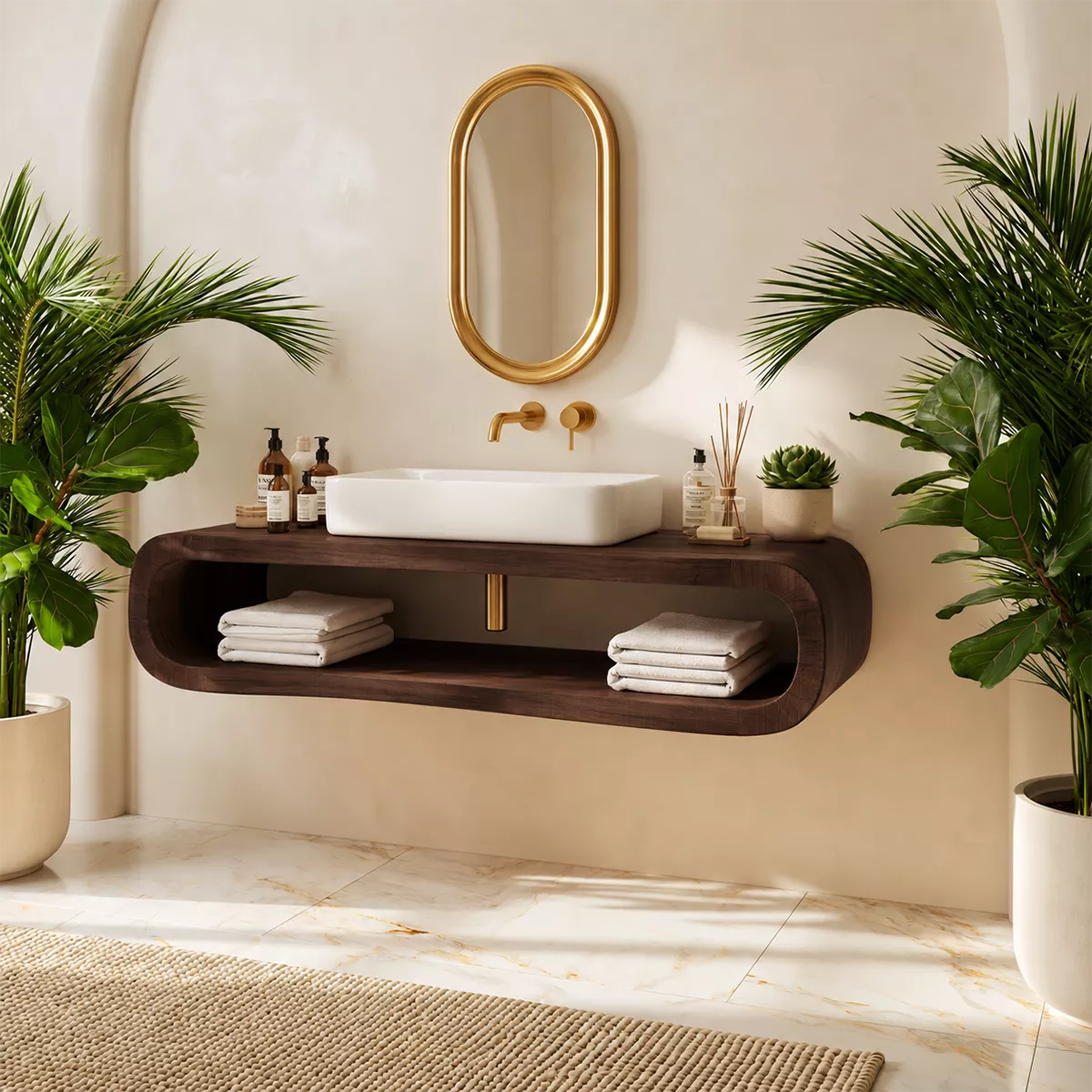 Floating Solid Wood Bathroom Vanity With Rounded Open Shelf And Natural Wood Grain - Livewoodcraft - 8048 - 2
