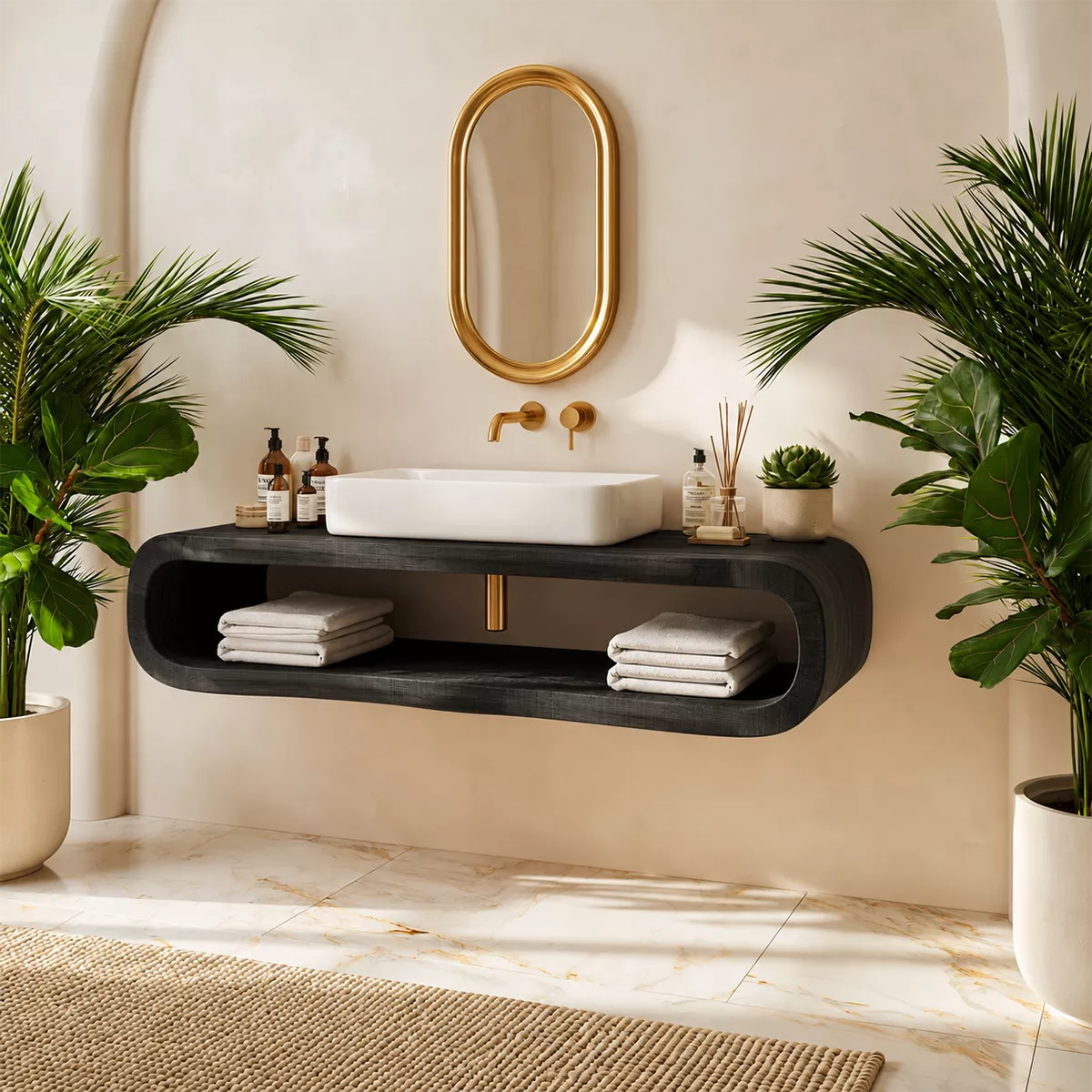 Floating Solid Wood Bathroom Vanity With Rounded Open Shelf And Natural Wood Grain - Livewoodcraft - 8048 - 3