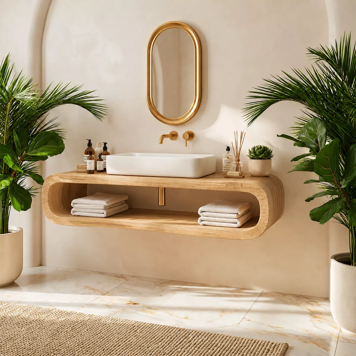 Floating Solid Wood Bathroom Vanity With Rounded Open Shelf And Natural Wood Grain - Livewoodcraft - 8048 - 4