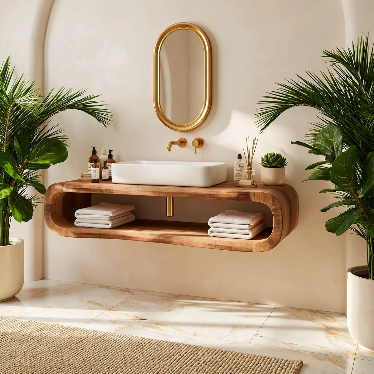 Floating Solid Wood Bathroom Vanity With Rounded Open Shelf And Natural Wood Grain - Livewoodcraft - 8048 - 5