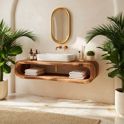 Floating Solid Wood Bathroom Vanity With Rounded Open Shelf And Natural Wood Grain - Livewoodcraft - 8048 - 5