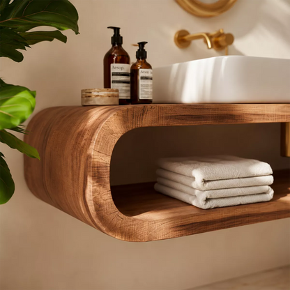 Floating Solid Wood Bathroom Vanity With Rounded Open Shelf And Natural Wood Grain - Livewoodcraft - 8048 - 6