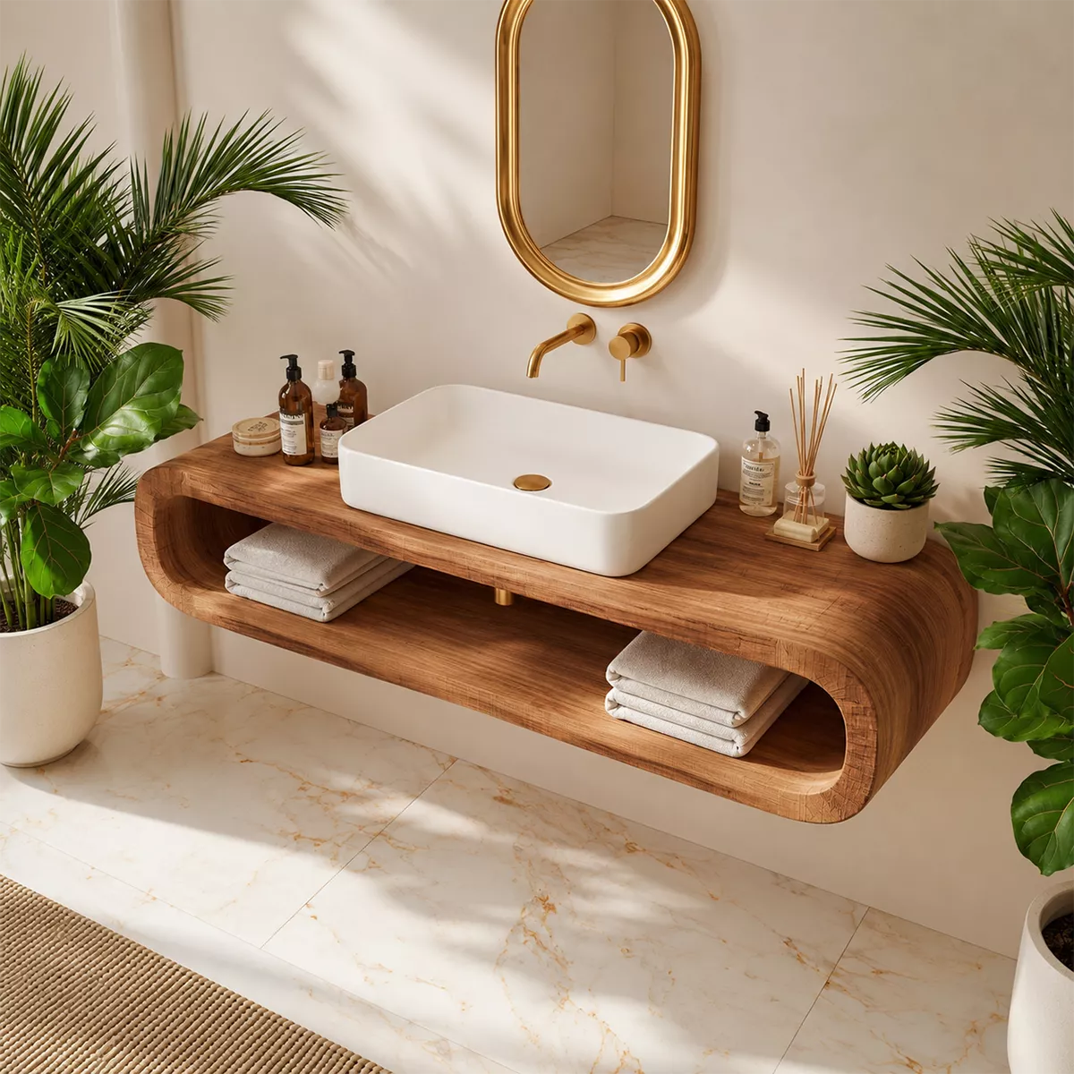 Floating Solid Wood Bathroom Vanity With Rounded Open Shelf And Natural Wood Grain - Livewoodcraft - 8048 - 7
