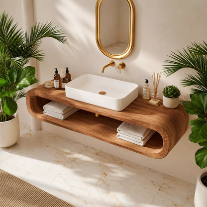 Floating Solid Wood Bathroom Vanity With Rounded Open Shelf And Natural Wood Grain - Livewoodcraft - 8048 - 7