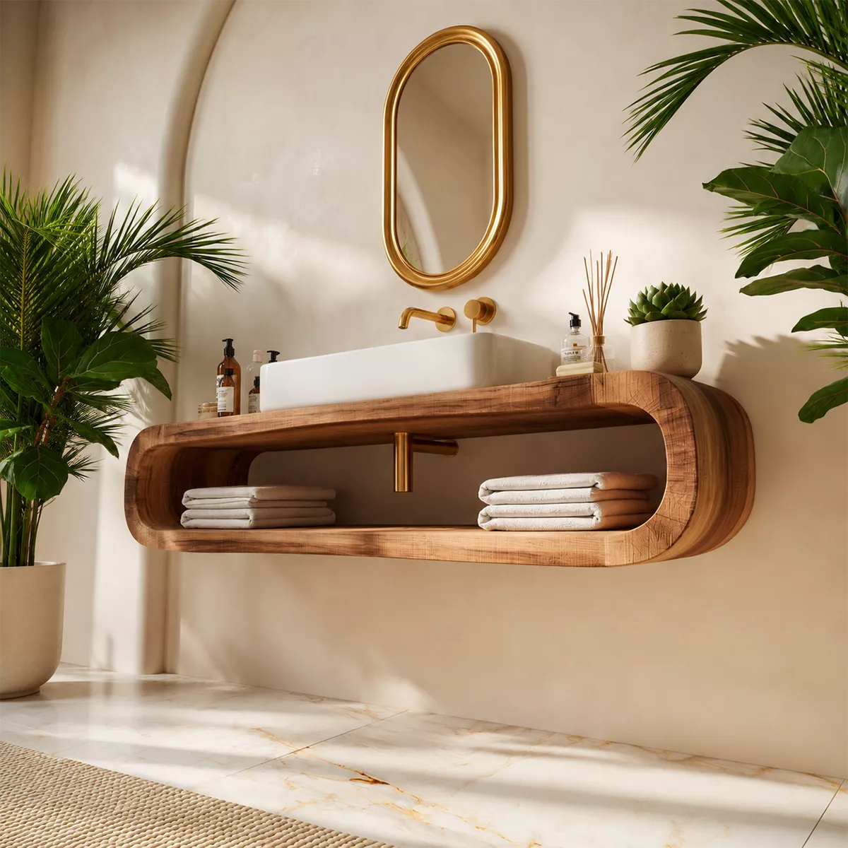 Floating Solid Wood Bathroom Vanity With Rounded Open Shelf And Natural Wood Grain - Livewoodcraft - 8048 - 8