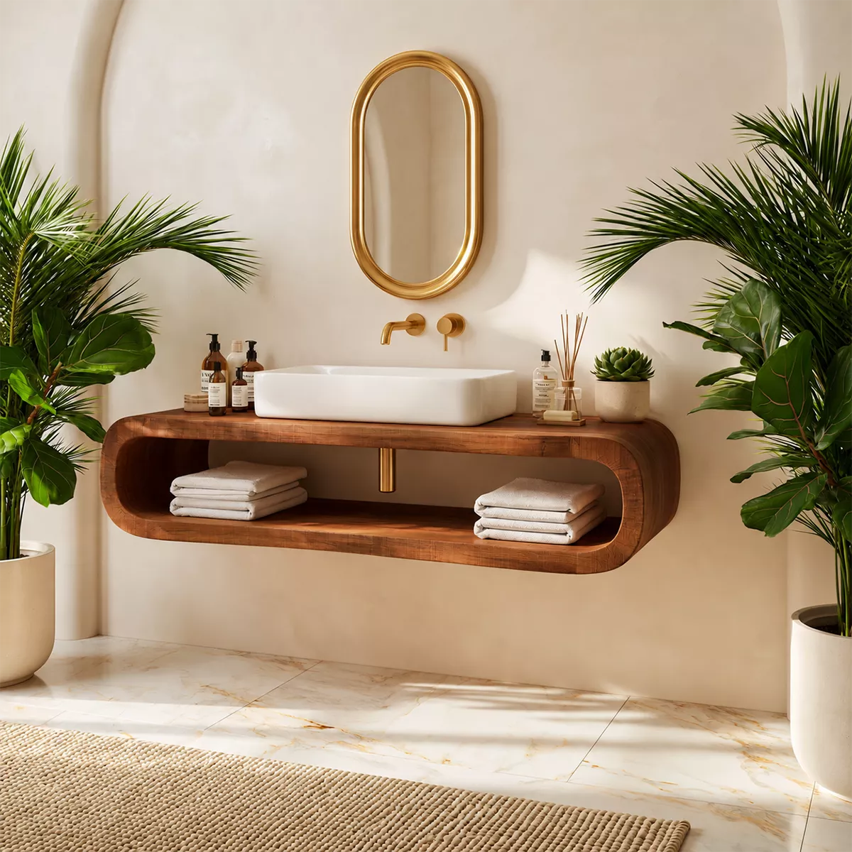 Floating Solid Wood Bathroom Vanity With Rounded Open Shelf And Natural Wood Grain - Livewoodcraft - 8048