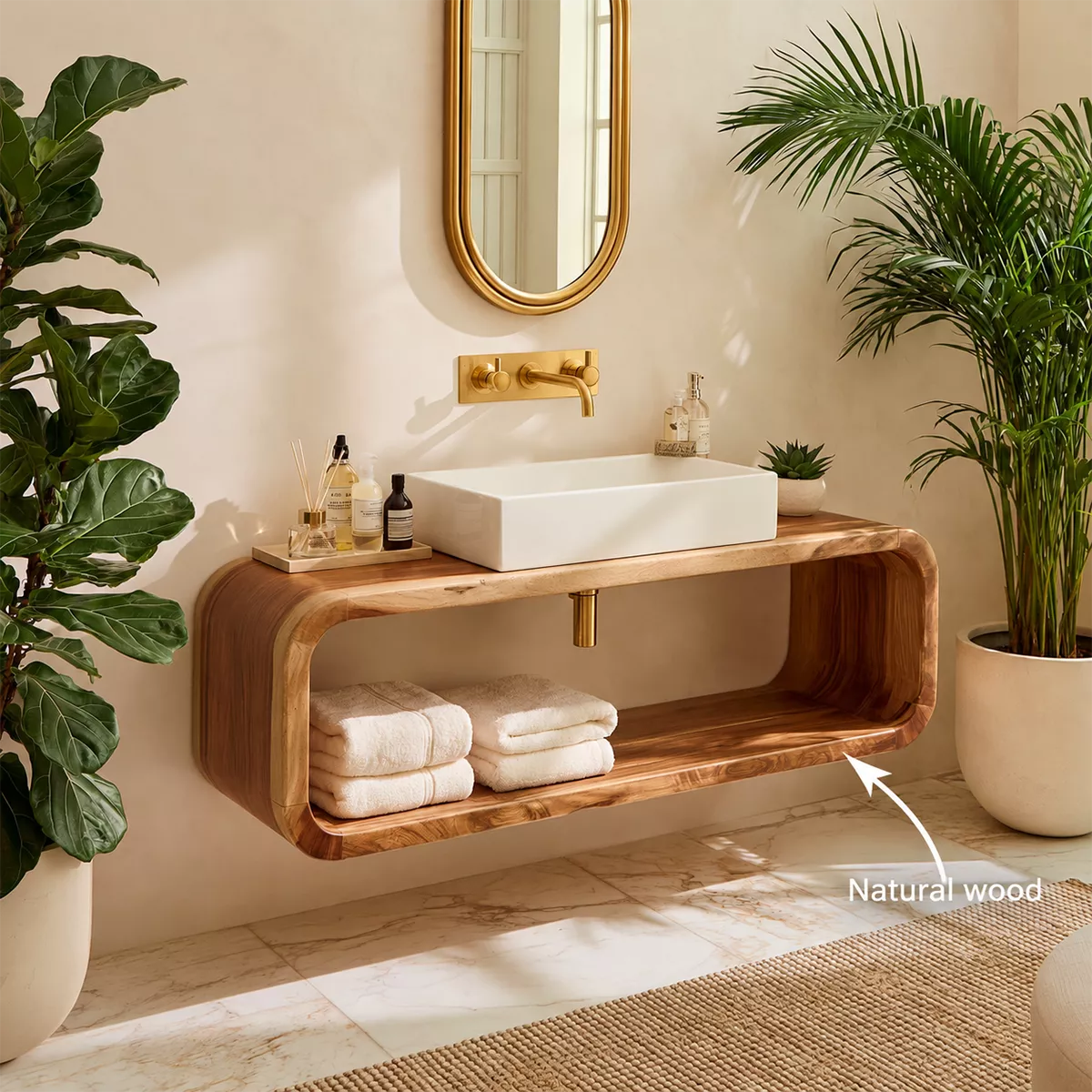 Floating Solid Wood Bathroom Vanity With Rounded Open Shelf And Natural Wood Grain - Livewoodcraft - 9