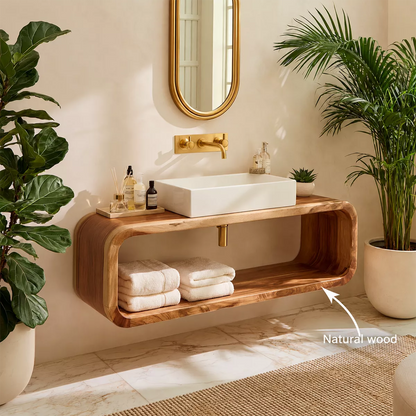 Floating Solid Wood Bathroom Vanity With Rounded Open Shelf And Natural Wood Grain - Livewoodcraft - 9