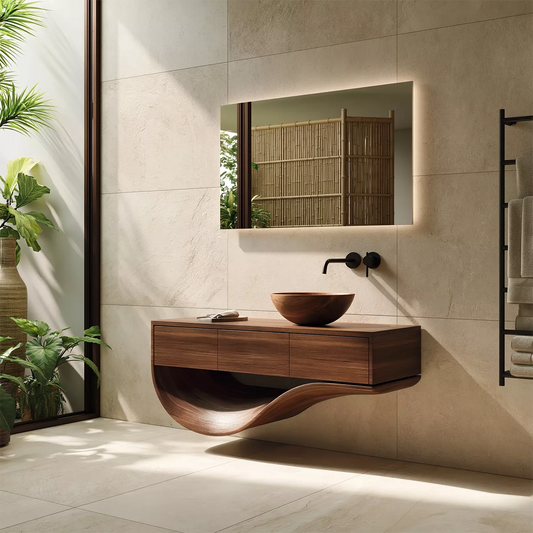 Floating Solid Wood Bathroom Vanity With Sculptural Curved Base And Hidden Drawer Storage - Echotimber