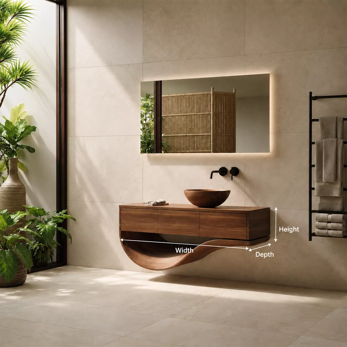 Floating Solid Wood Bathroom Vanity With Sculptural Curved Base And Hidden Drawer Storage - Livewoodcraft - 10
