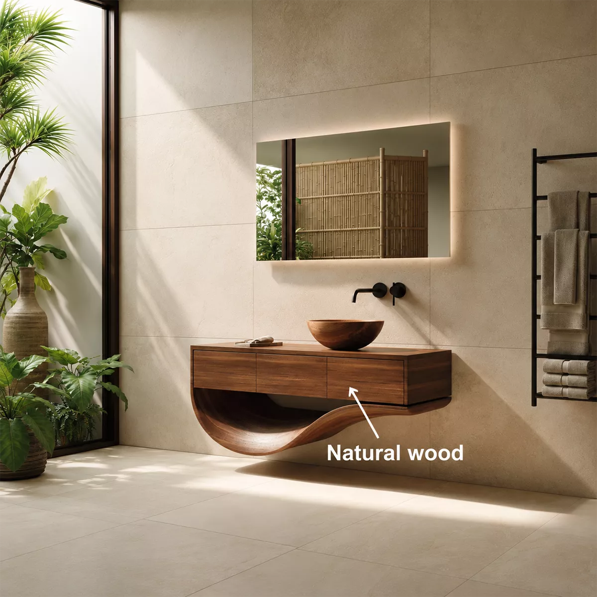Floating Solid Wood Bathroom Vanity With Sculptural Curved Base And Hidden Drawer Storage - Livewoodcraft - 11